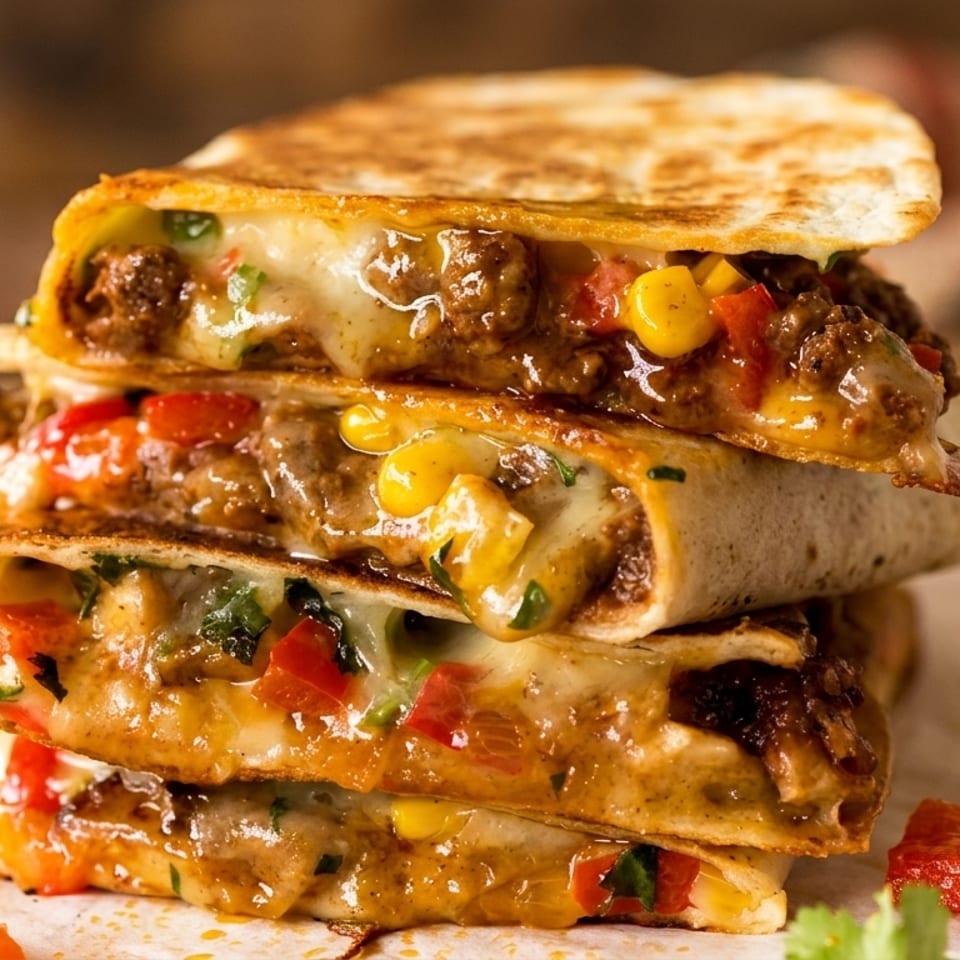 Stack of crispy cheesy beef quesadillas filled with corn, peppers, tomatoes, and herbs on a wooden table.