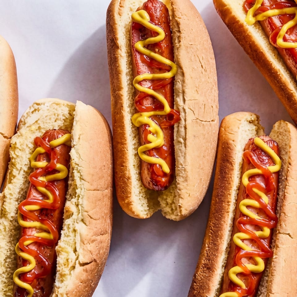 Several hot dogs in soft buns topped with zigzag mustard and ketchup, arranged on a light surface.